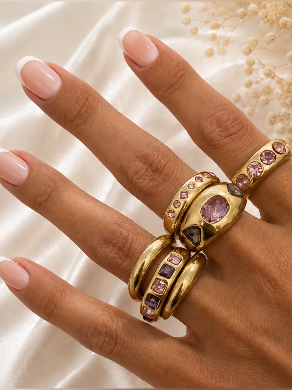 Gold Pink Crystal Rings set - Y2k